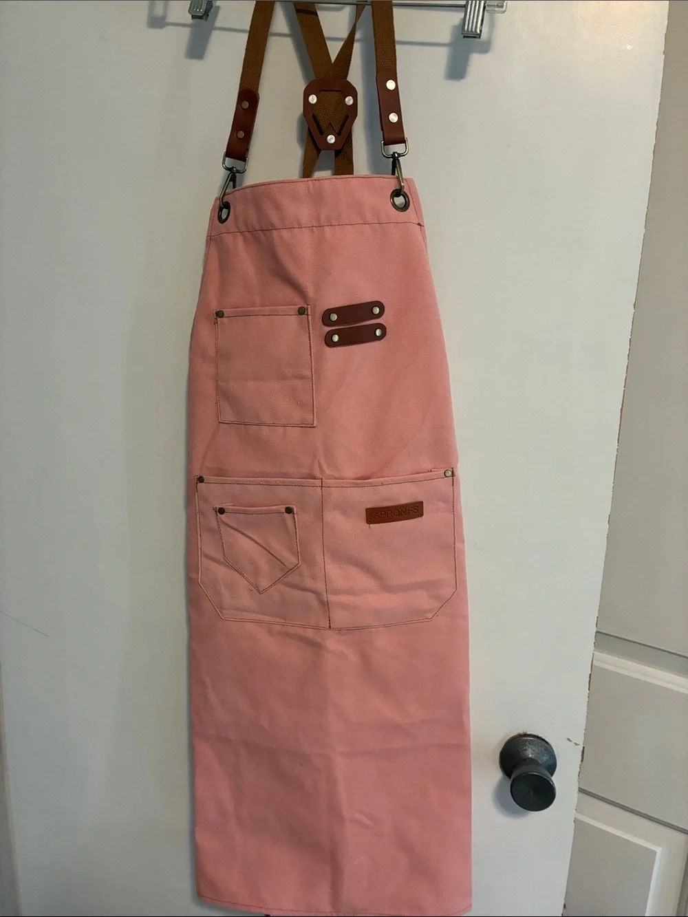 Pink Canvas Apron with Brown Leather Straps one size